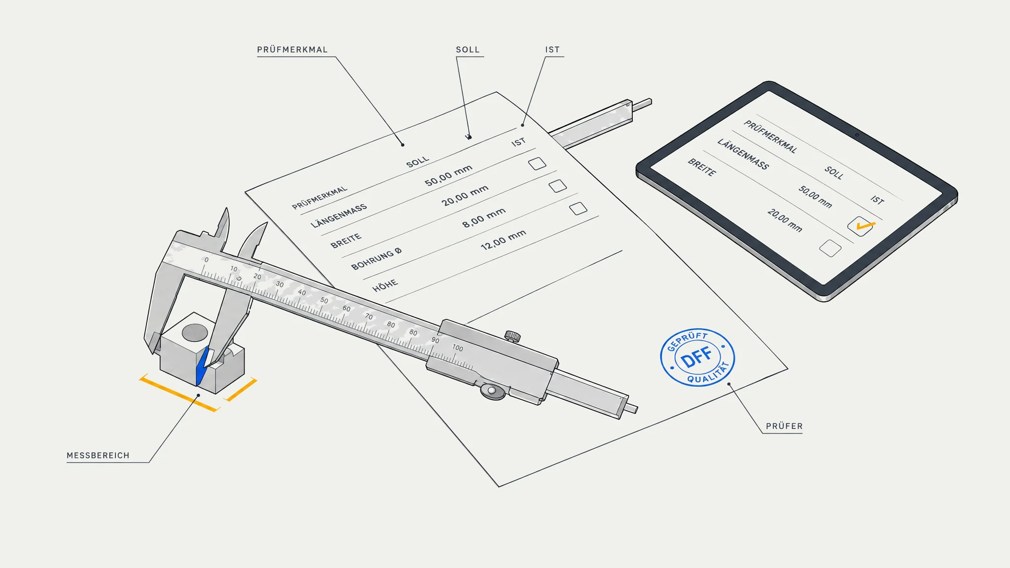 Technische Zeichnung eines Prüfplans auf einem Blatt, darauf ein Messschieber an einem Werkstück und ein Tablet mit derselben Prüfliste.